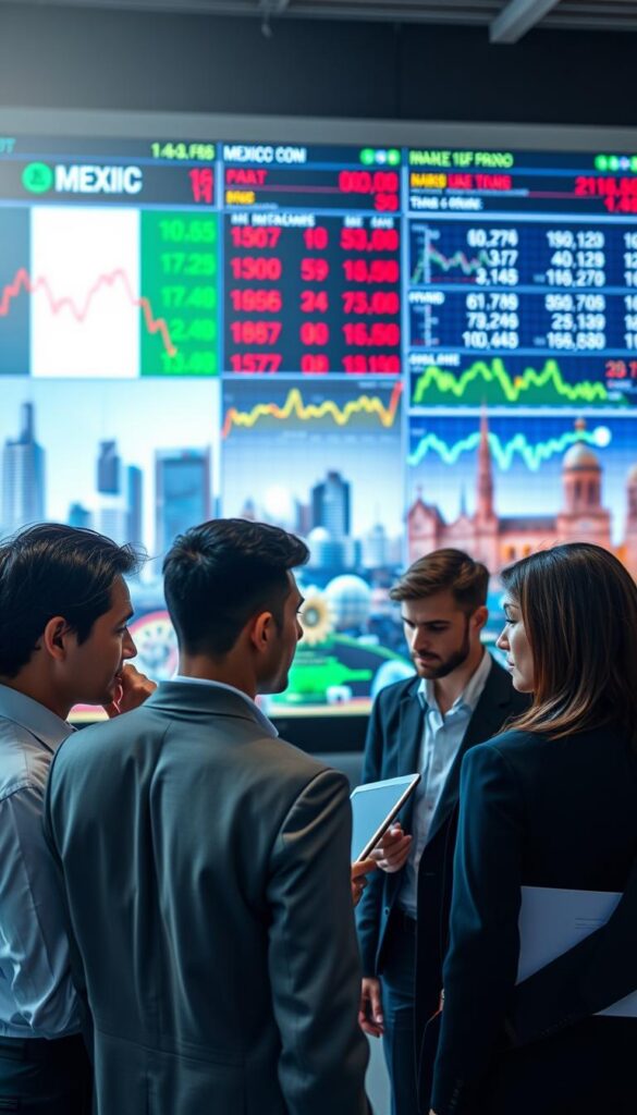 A dynamic representation of financial challenges in the Mexican economy. In the foreground, a diverse group of professionals in business attire, depicting men and women, discuss financial charts and graphs, showcasing concern and determination. In the middle ground, a large digital display board shows fluctuating stock market prices and economic indicators in vibrant colors. The background features iconic elements of Mexico, such as the skyline of Mexico City and traditional landmarks, representing the fusion of modern finance with cultural heritage. The lighting is bright and focused on the subjects, creating a contrast with a slightly blurred background. The mood is serious yet hopeful, capturing the essence of tackling finance-related issues in Mexico. A dynamic representation of financial challenges in the Mexican economy. In the foreground, a diverse group of professionals in business attire, depicting men and women, discuss financial charts and graphs, showcasing concern and determination. In the middle ground, a large digital display board shows fluctuating stock market prices and economic indicators in vibrant colors. The background features iconic elements of Mexico, such as the skyline of Mexico City and traditional landmarks, representing the fusion of modern finance with cultural heritage. The lighting is bright and focused on the subjects, creating a contrast with a slightly blurred background. The mood is serious yet hopeful, capturing the essence of tackling finance-related issues in Mexico.