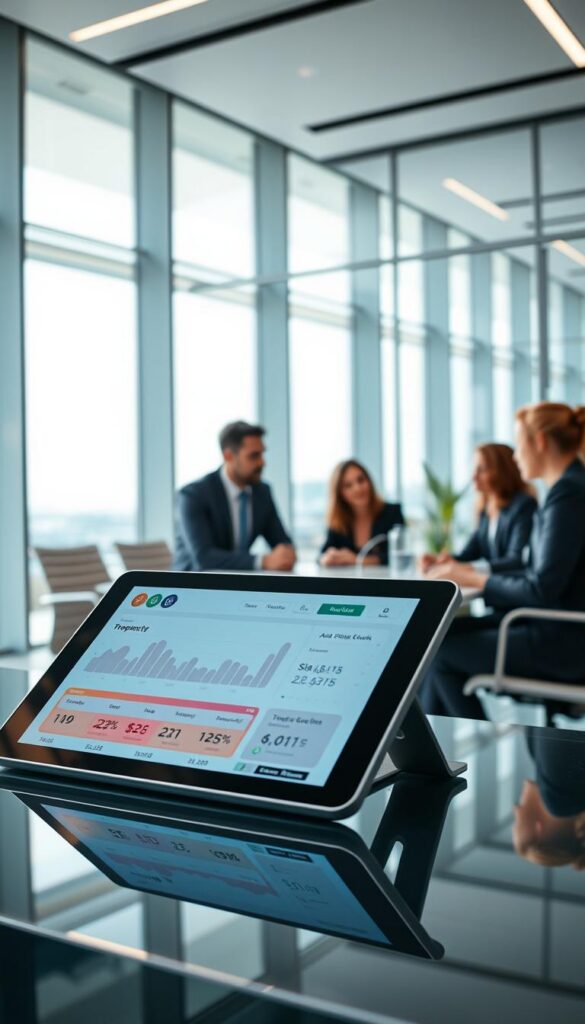 A sleek, modern digital banking interface displayed on a large tablet in the foreground, showcasing a vibrant, user-friendly app design with charts and transaction details. In the middle ground, a diverse group of professionals, dressed in smart business attire, are engaged in a collaborative discussion around a table, highlighting teamwork in leveraging digital banking solutions. The background features a futuristic office environment with large windows that allow natural light to flood in, creating a bright and optimistic atmosphere. Soft reflections on the glass surfaces enhance the modern feel. The mood is professional yet inviting, emphasizing innovation and accessibility in digital finance. The perspective should be slightly angled to capture both the tablet and the group effectively, emphasizing the integration of technology in banking. A sleek, modern digital banking interface displayed on a large tablet in the foreground, showcasing a vibrant, user-friendly app design with charts and transaction details. In the middle ground, a diverse group of professionals, dressed in smart business attire, are engaged in a collaborative discussion around a table, highlighting teamwork in leveraging digital banking solutions. The background features a futuristic office environment with large windows that allow natural light to flood in, creating a bright and optimistic atmosphere. Soft reflections on the glass surfaces enhance the modern feel. The mood is professional yet inviting, emphasizing innovation and accessibility in digital finance. The perspective should be slightly angled to capture both the tablet and the group effectively, emphasizing the integration of technology in banking.